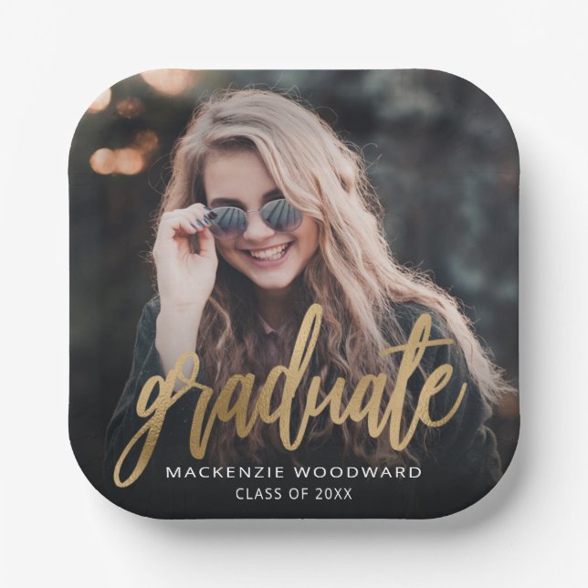 Graduation Party Custom Photo Gold Script Paper Plates (Front)