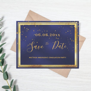Graduation Party dark blue gold save the date Postcard