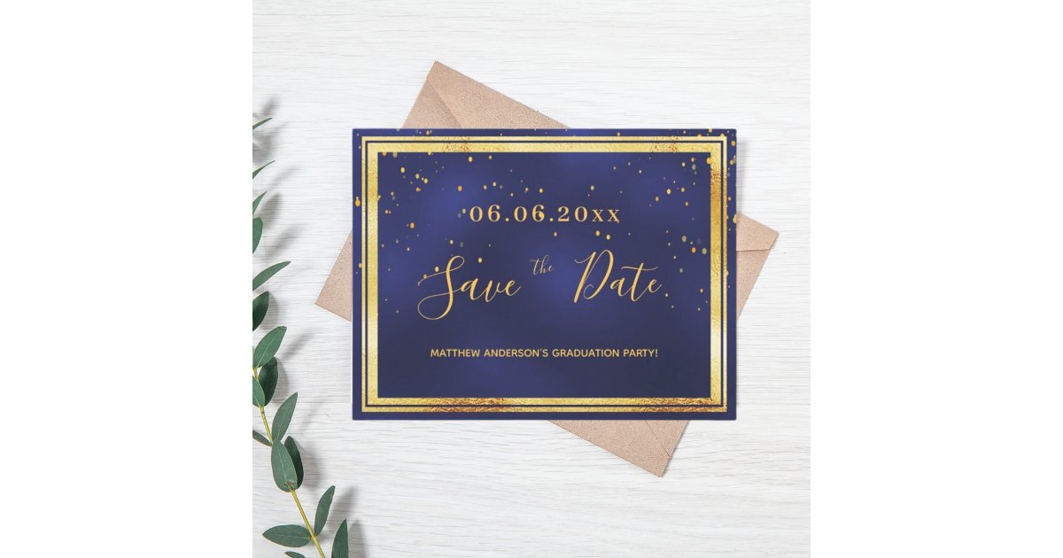 Graduation Party dark blue gold save the date Postcard | Zazzle