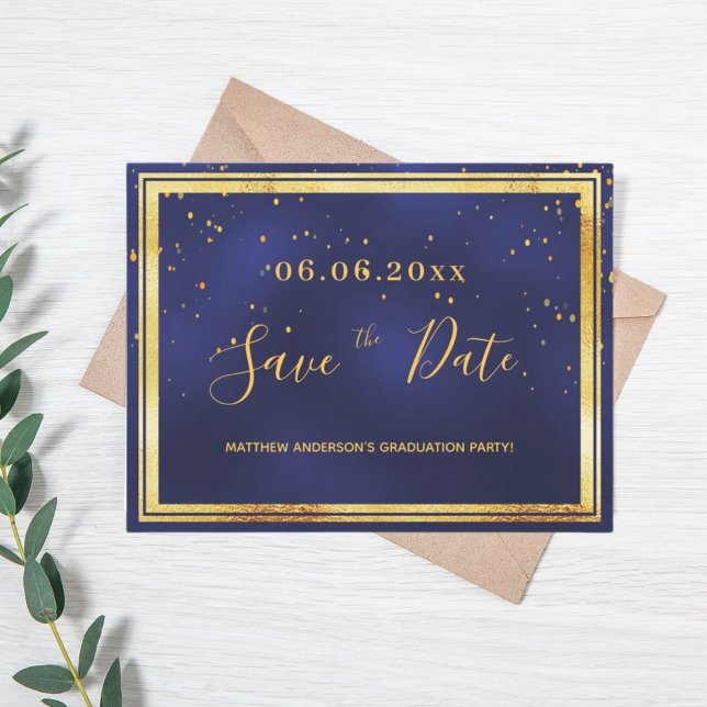 Graduation Party dark blue gold save the date Postcard (Creator Uploaded)