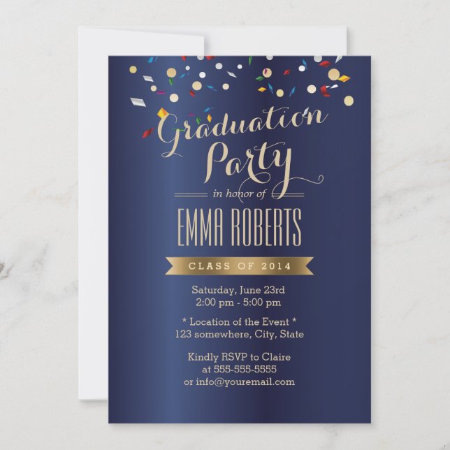 Graduation Party Elegant Navy Blue Confetti Invitation (Front)