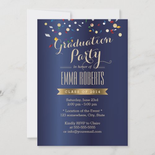 Graduation Party Elegant Navy Blue Confetti Invitation