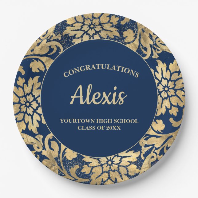 Graduation Party Elegant Navy Blue Gold Paper Plates (Front)