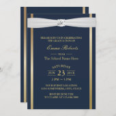 Graduation Party Elegant Navy Blue & Gold Stripes Invitation (Front/Back)