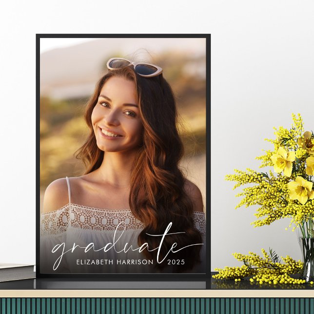 Graduation Party Elegant White Script Photo Poster (Creator Uploaded)