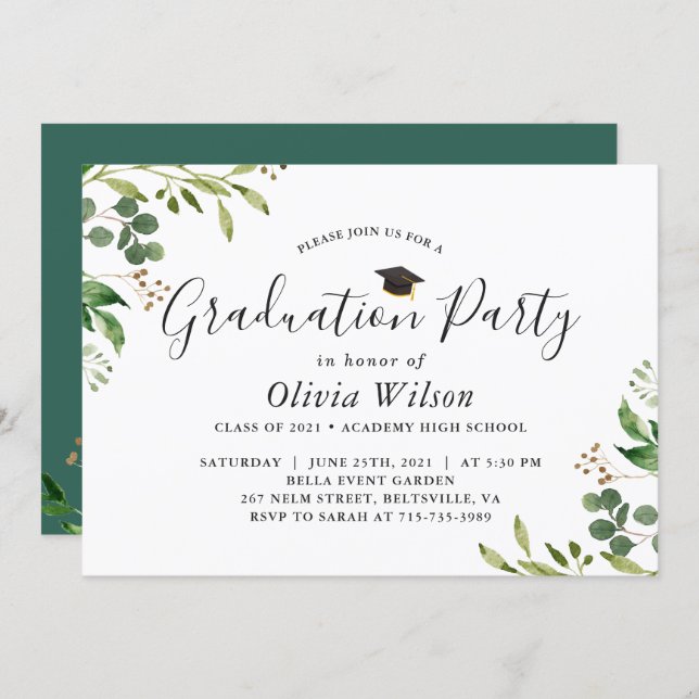 Graduation Party Eucalyptus Greenery Leaves Invitation (Front/Back)