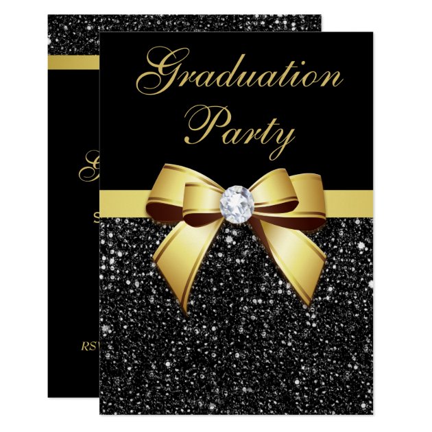 Graduation Party Faux Sequins Bow Black Gold Invitation