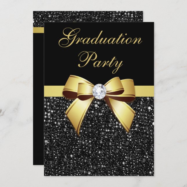 Graduation Party Faux Sequins Bow Black Gold Invitation (Front/Back)