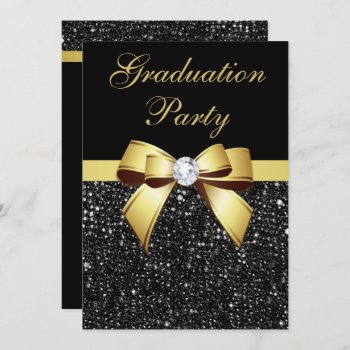 Graduation Party Faux Sequins Bow Black Gold Invitation by GroovyGraphics at Zazzle