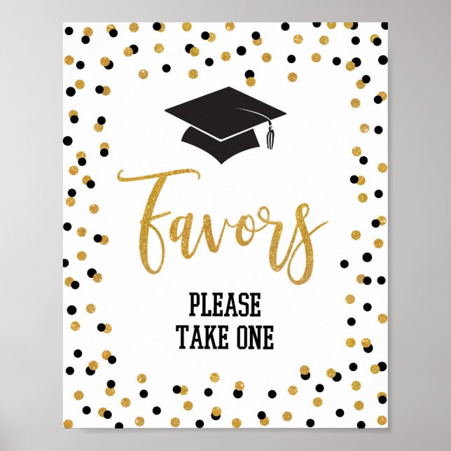 Graduation Party Favor Sign Black Gold Glitter (Front)