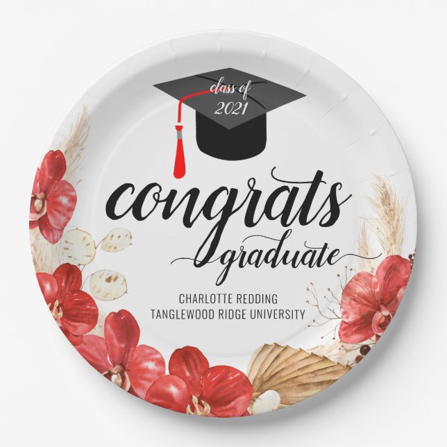 Graduation Party Floral Blush Pink Red Paper Plates (Front)