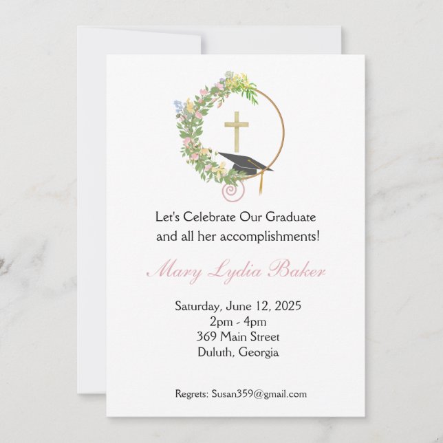 Graduation Party Floral Cross Design, Grad cap Invitation (Front)