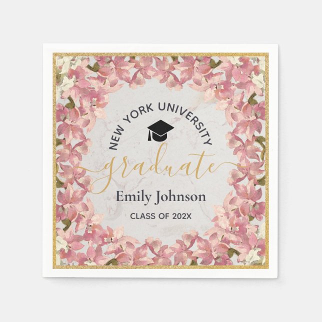 Graduation Party Floral Girly Pink Orchids Gold  Napkins (Front)