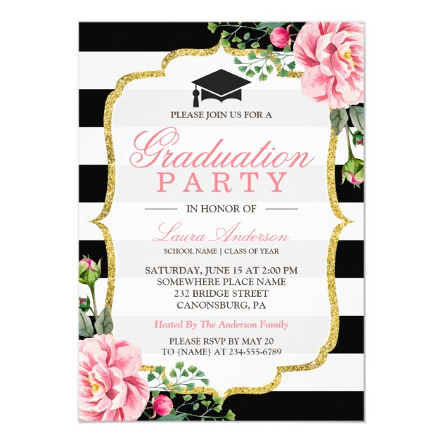 Graduation Party Floral Gold DIY Stripes Color Invitation