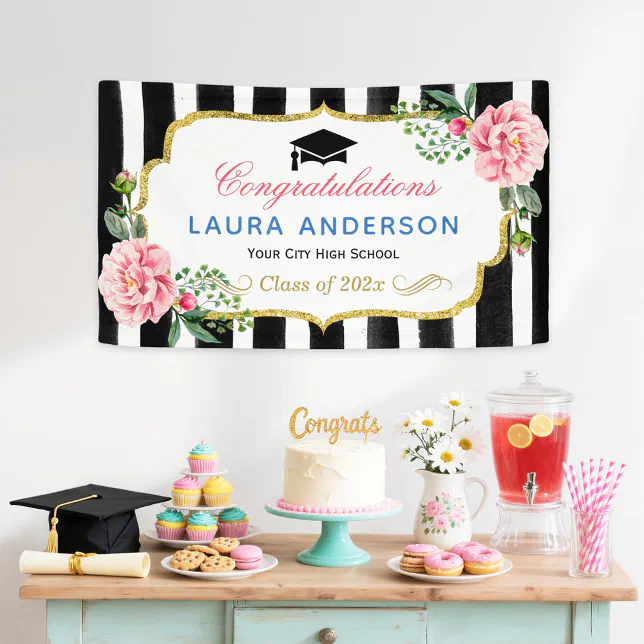 Graduation Party Floral Gold Glitter Black Stripes Banner | Zazzle