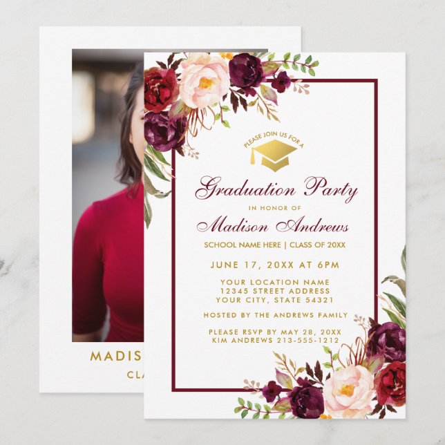 Graduation Party Floral Invite - Photo Back (Front/Back)