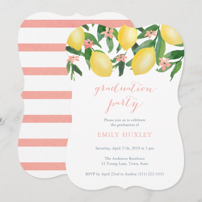 Graduation Party for Female with Lemons Theme Invitation (Front/Back)