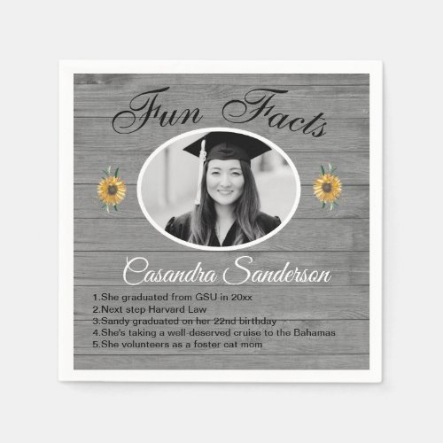 Graduation Party Fun Facts Sunflower Gray Wood Napkins