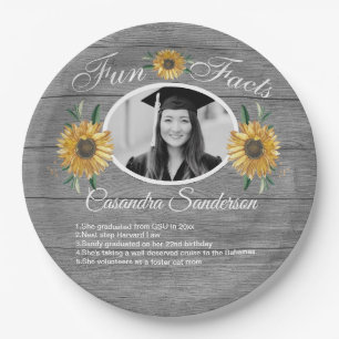 Graduation Party Fun Facts Sunflower Gray Wood Paper Plates
