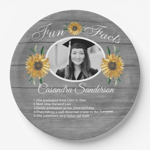 Graduation Party Fun Facts Sunflower Gray Wood   Paper Plates
