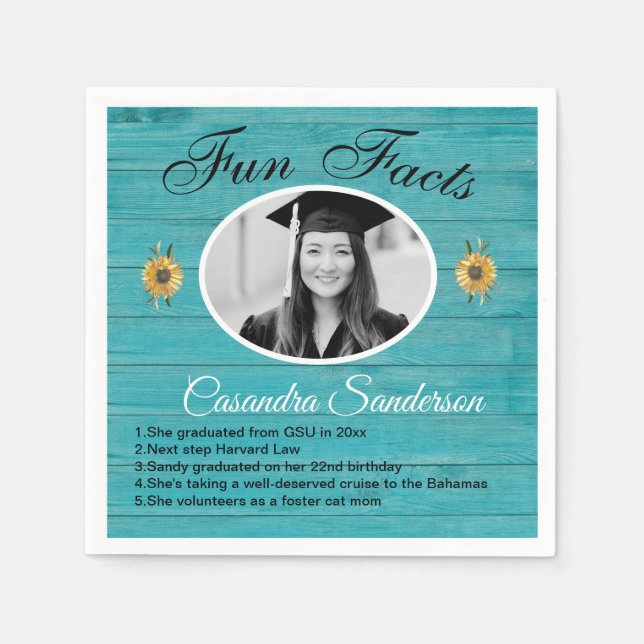 Graduation Party Fun Facts Sunflower Teal Wood Nap Napkins (Front)