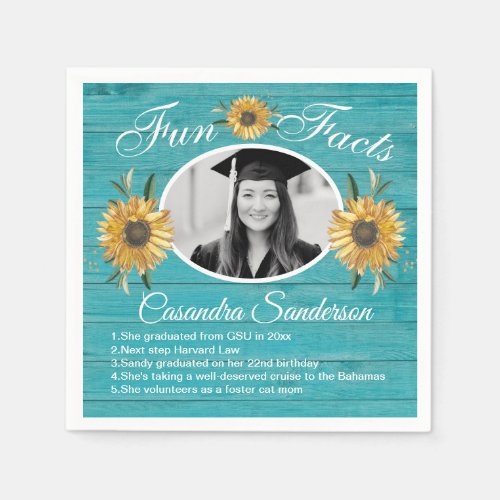 Graduation Party Fun Facts Sunflower Teal Wood Napkins