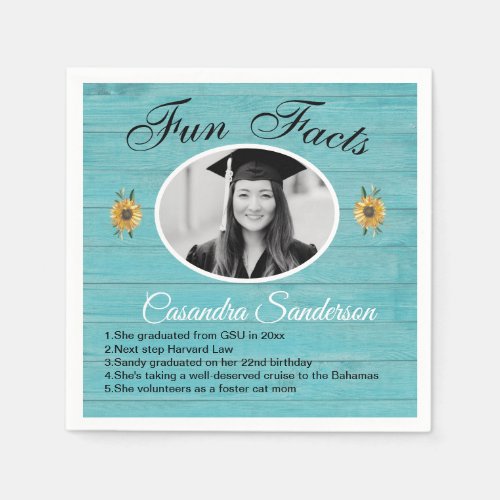 Graduation Party Fun Facts Sunflower Teal Wood Napkins