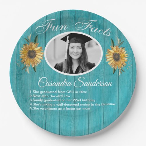 Graduation Party Fun Facts Sunflower Teal Wood  Pa Paper Plates