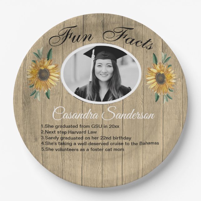 Graduation Party Fun Facts Sunflower Teal Wood  Pa Paper Plates (Front)