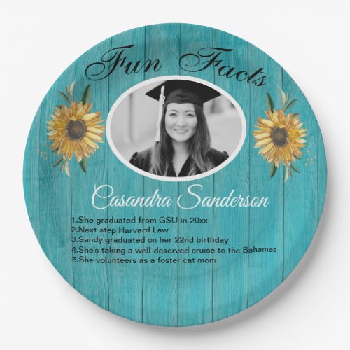 Graduation Party Fun Facts Sunflower Teal Wood  Paper Plates