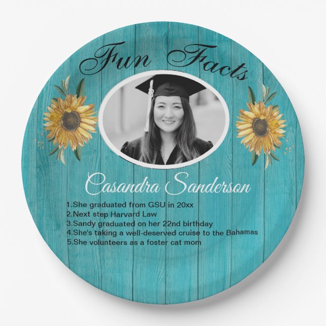 Graduation Party Fun Facts Sunflower Teal Wood  Paper Plates (Front)