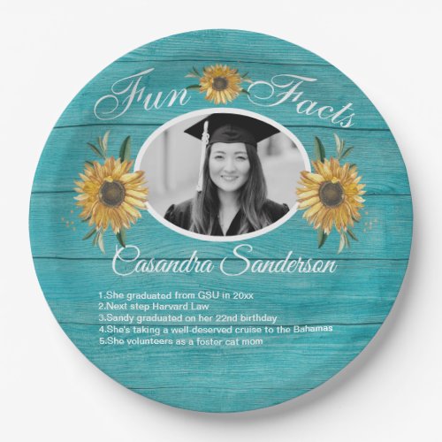 Graduation Party Fun Facts Sunflower Teal Wood Paper Plates