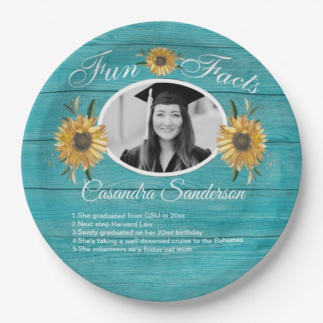 Graduation Party Fun Facts Sunflower Teal Wood Paper Plates (Front)