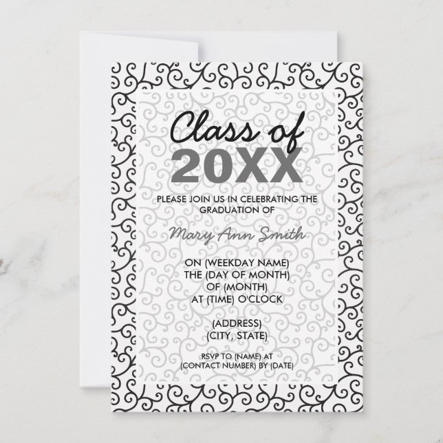 Graduation Party Funky Swirls Black Invitation (Front)