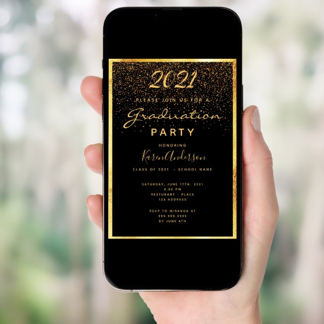 Graduation party glam black confetti gold invitation (Front Digital)