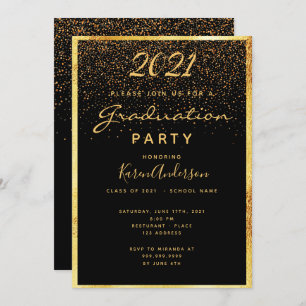 Graduation party glam black confetti gold invitation