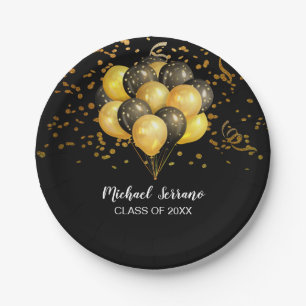 Graduation Party Gold And Black Balloons Confetti Paper Plates