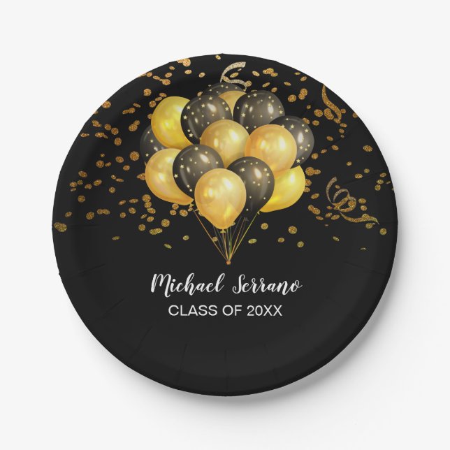 Graduation Party Gold And Black Balloons Confetti Paper Plates (Front)