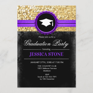 Graduation Party - Gold Black Purple Invitation