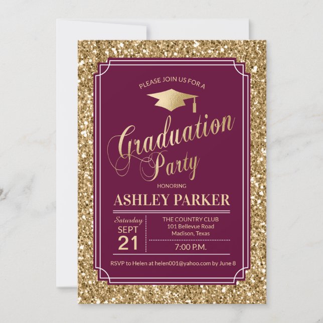 Graduation Party - Gold Burgundy Invitation (Front)