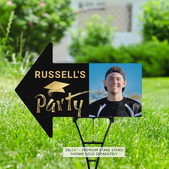 Graduation Party Gold Cap Brushstroke Photo Black Sign (Creator Uploaded)