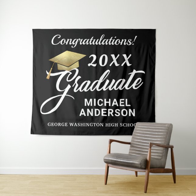 Graduation Party Gold Cap Custom Backdrop (In Situ (Horizontal))