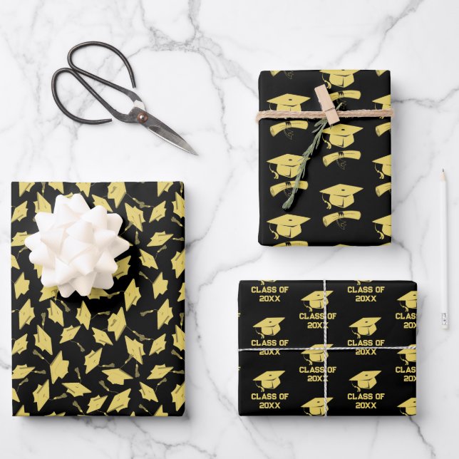 Graduation Party Gold Caps on Black Gift Wrap (Front)