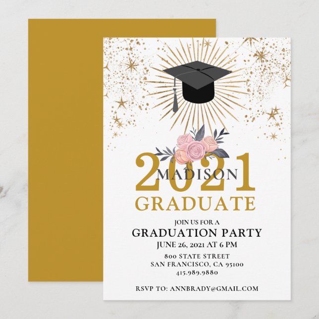 Graduation Party Gold Class of 2021 Pink White Invitation (Front/Back)