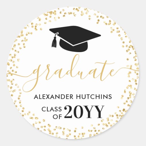 Graduation Party Gold Glitter Confetti Classic Round Sticker | Zazzle