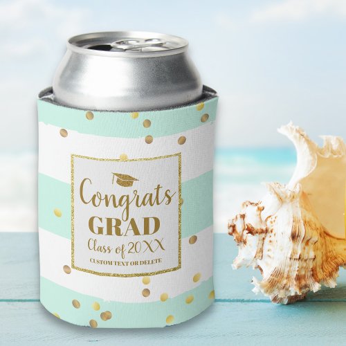 Graduation Party Gold Glitter Mint Stripes Custom Can Cooler