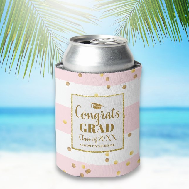 Graduation Party Gold Glitter Pink Stripes Custom Can Cooler (Creator Uploaded)