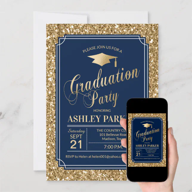 Graduation Party - Gold Navy Blue Invitation | Zazzle