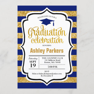 Graduation Party - Gold Navy Blue Stripes Invitation