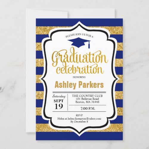 Graduation Party _ Gold Navy Blue Stripes Invitation